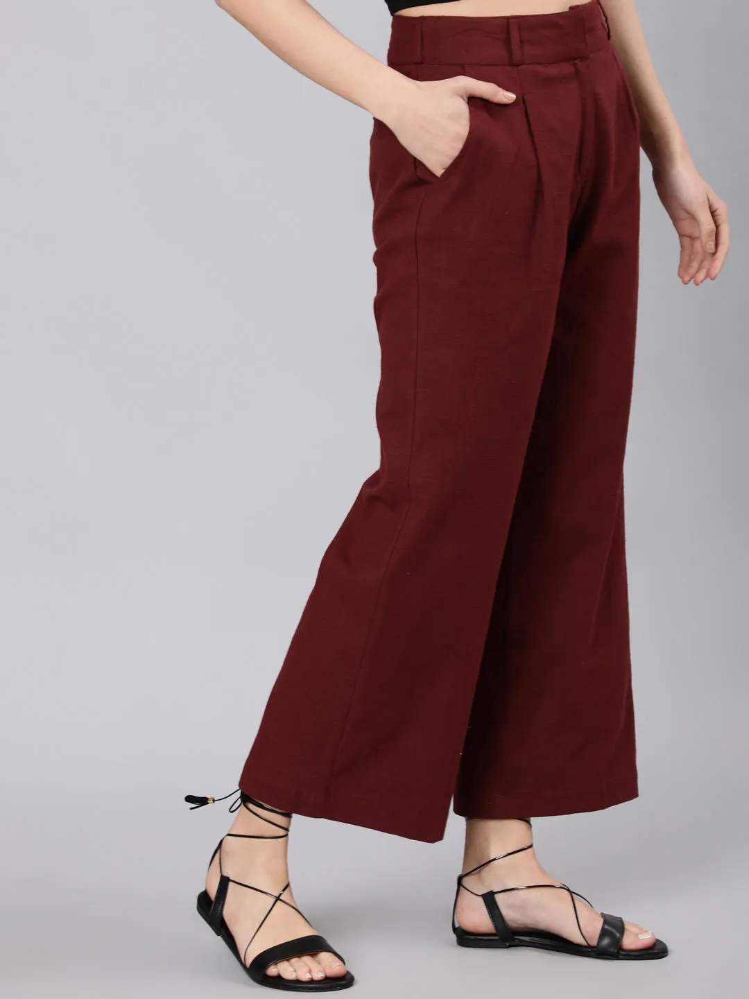 Burgandy Cotton Slub Flared High Rise Parallel Pants