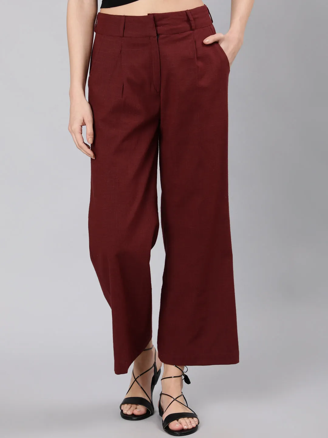 Burgandy Cotton Slub Flared High Rise Parallel Pants