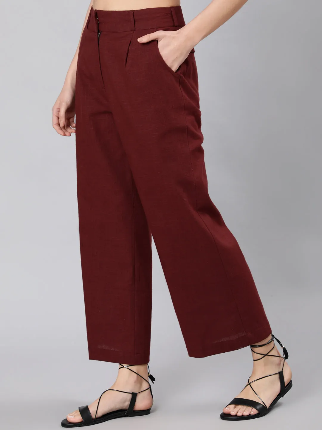 Burgandy Cotton Slub Flared High Rise Parallel Pants