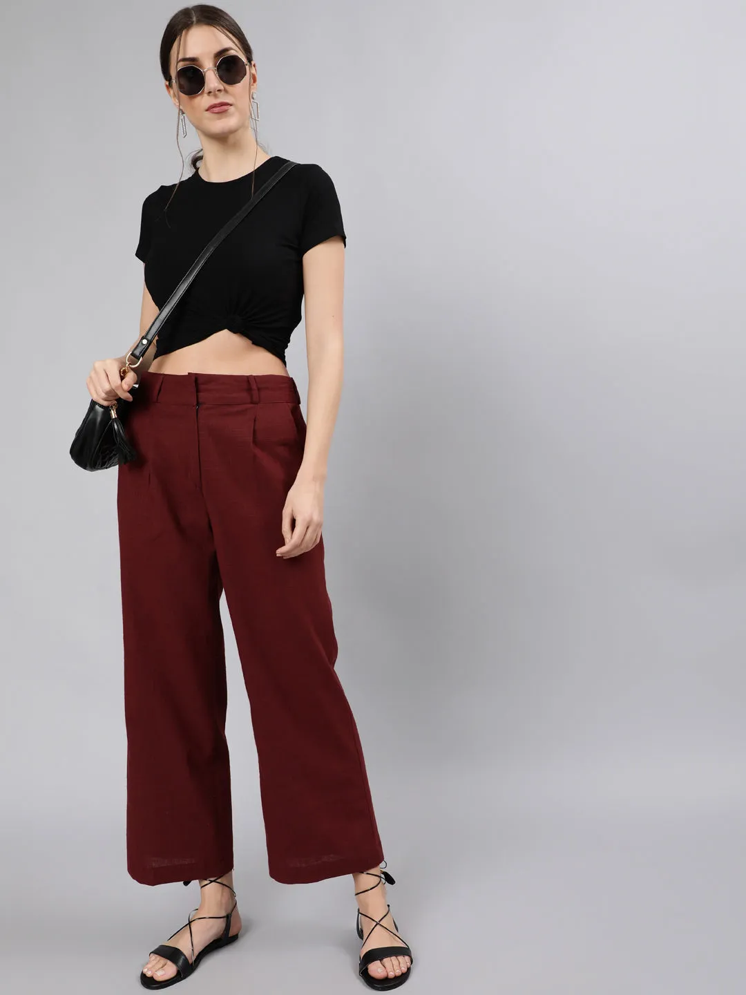 Burgandy Cotton Slub Flared High Rise Parallel Pants