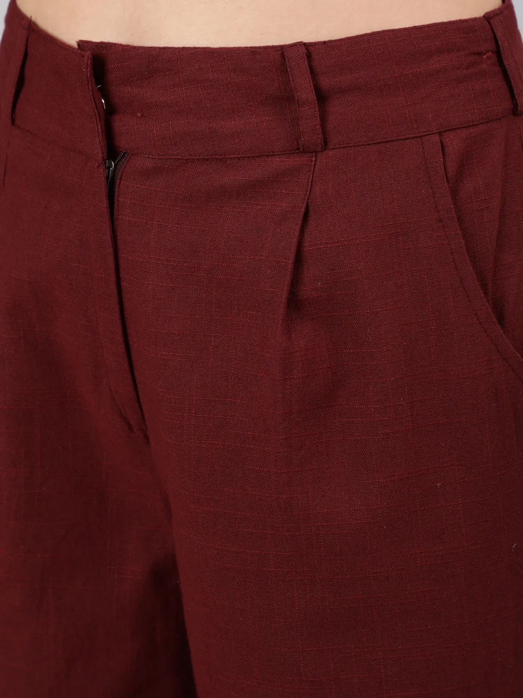 Burgandy Cotton Slub Flared High Rise Parallel Pants