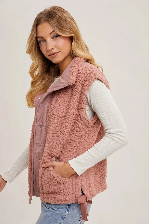 Button Down Mock Neck Fleece Sherpa Vest ROSE