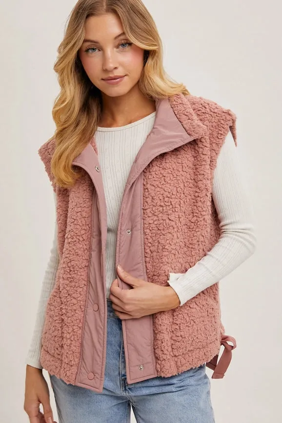 Button Down Mock Neck Fleece Sherpa Vest ROSE