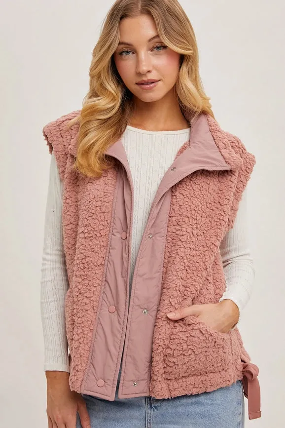 Button Down Mock Neck Fleece Sherpa Vest ROSE