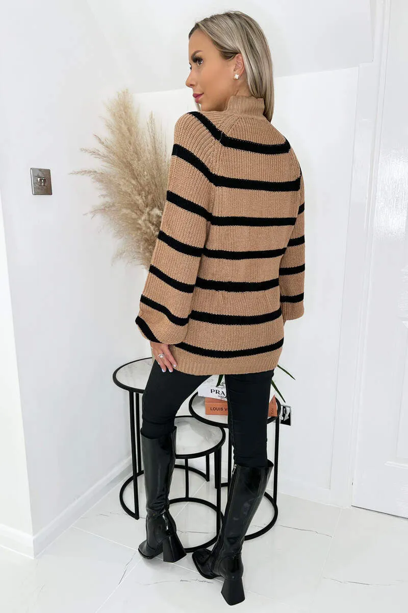 Camel And Black Striped Balloon Sleeve High Neck Knitted Jumper