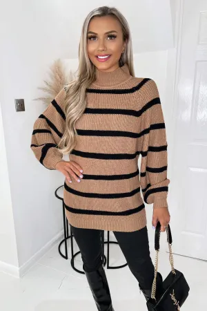 Camel And Black Striped Balloon Sleeve High Neck Knitted Jumper