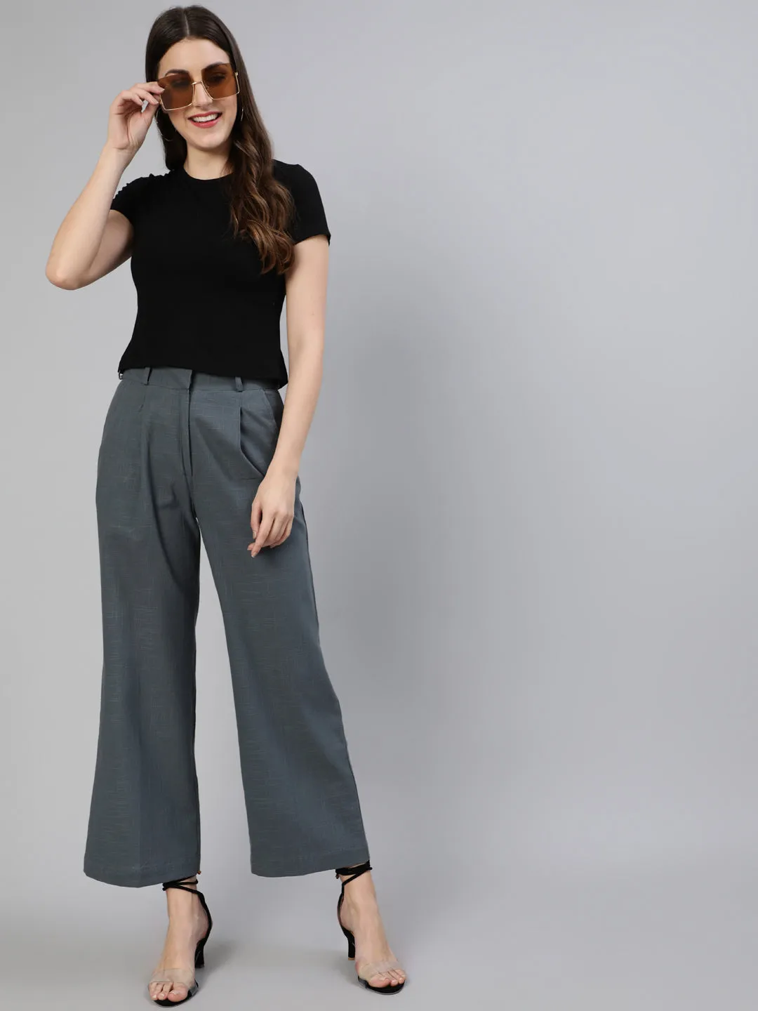 Charcoal Grey Cotton Slub Flared High Rise Parallel Pants