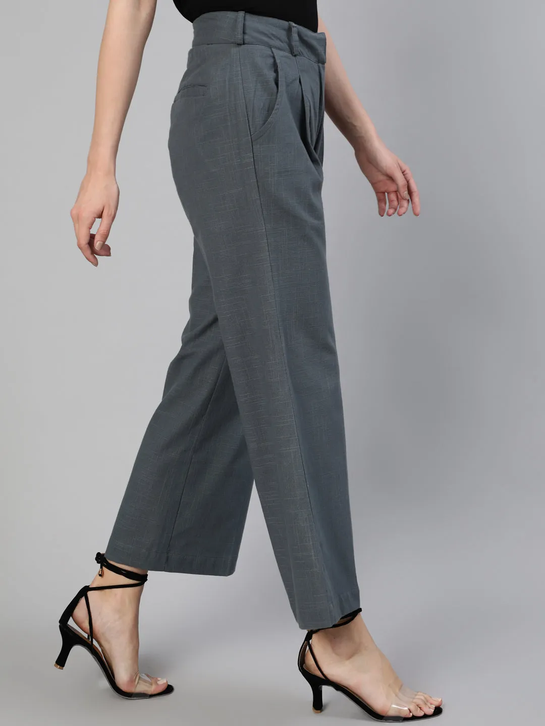 Charcoal Grey Cotton Slub Flared High Rise Parallel Pants