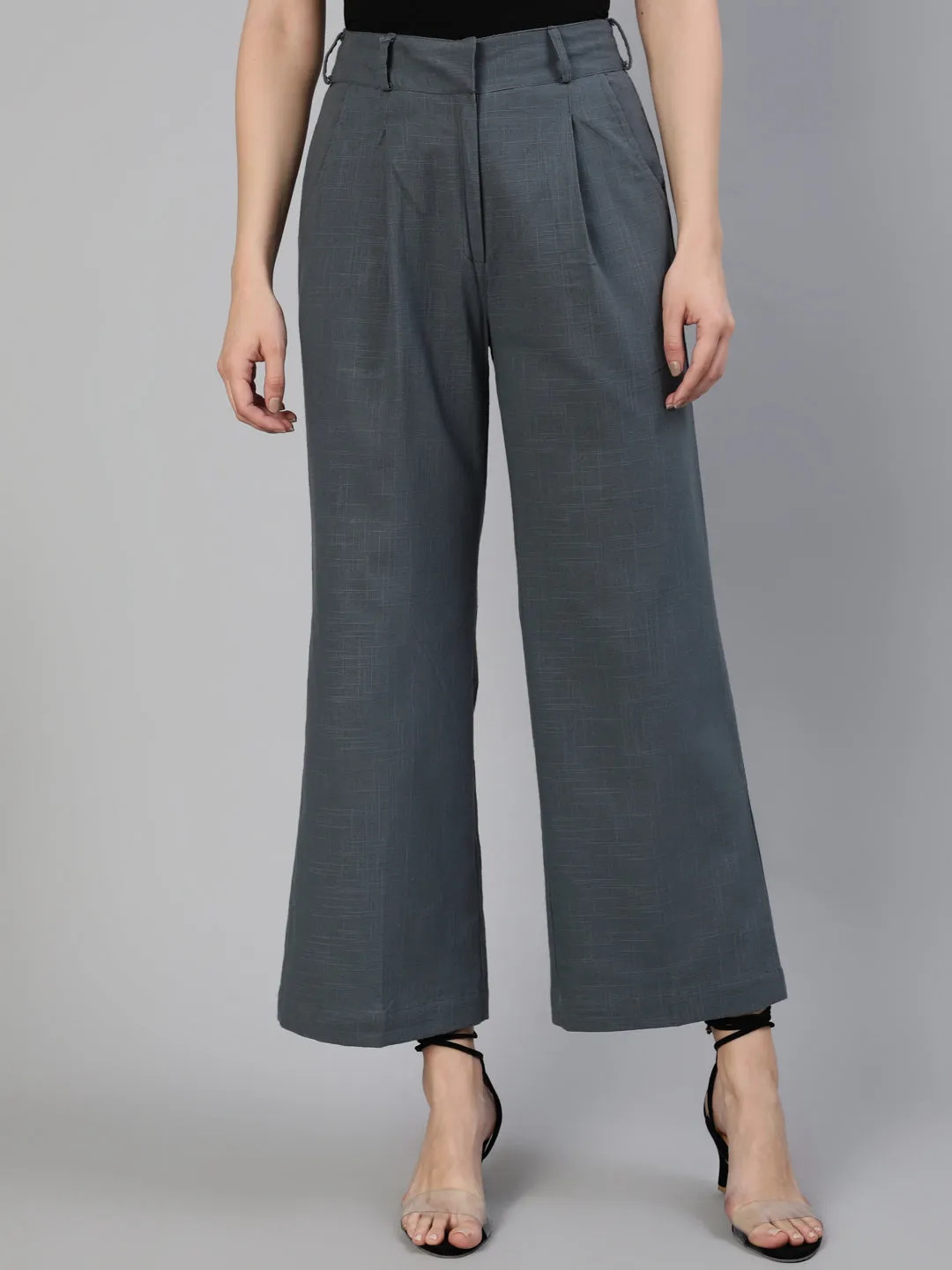 Charcoal Grey Cotton Slub Flared High Rise Parallel Pants