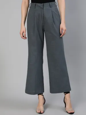 Charcoal Grey Cotton Slub Flared High Rise Parallel Pants