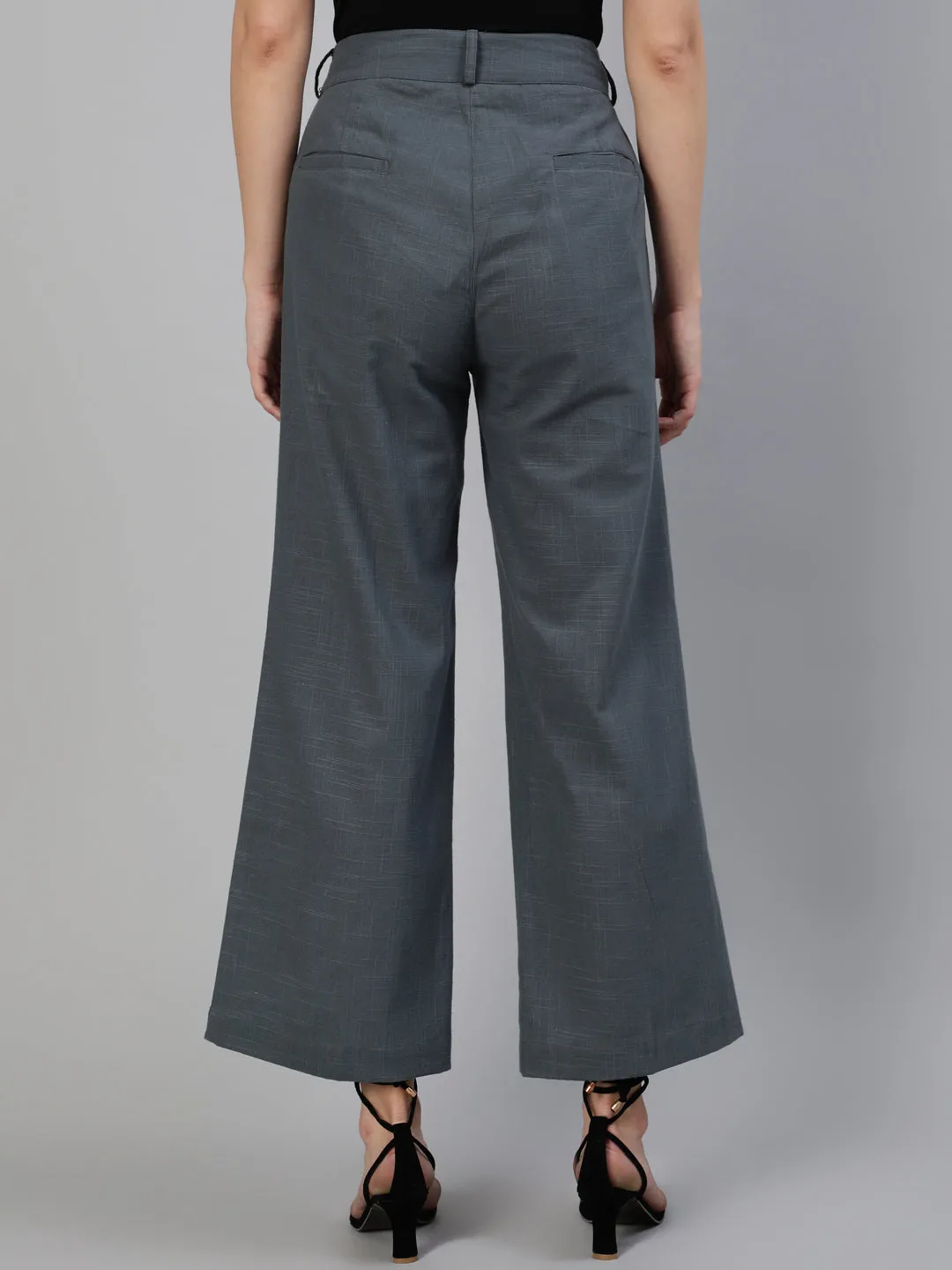 Charcoal Grey Cotton Slub Flared High Rise Parallel Pants