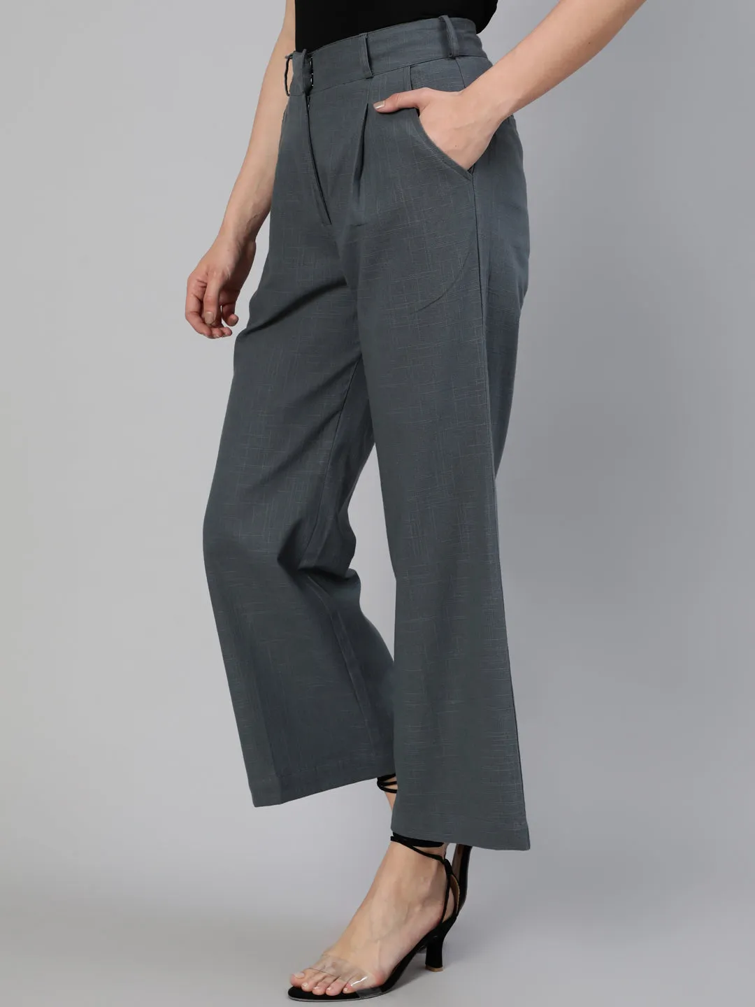 Charcoal Grey Cotton Slub Flared High Rise Parallel Pants