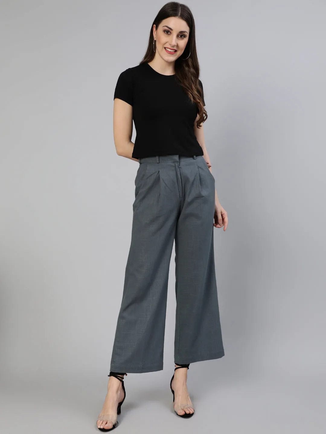 Charcoal Grey Cotton Slub Flared High Rise Parallel Pants