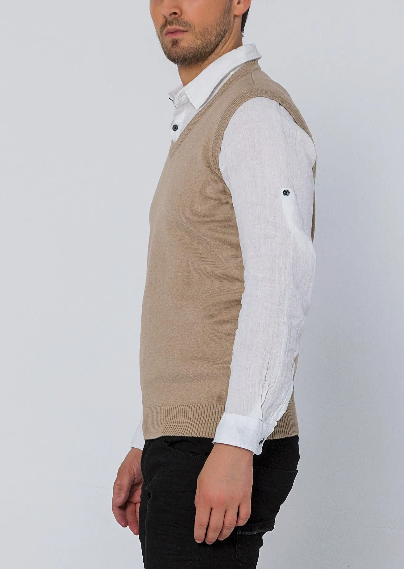 Classic V-Neck Knitted Vest - Stone