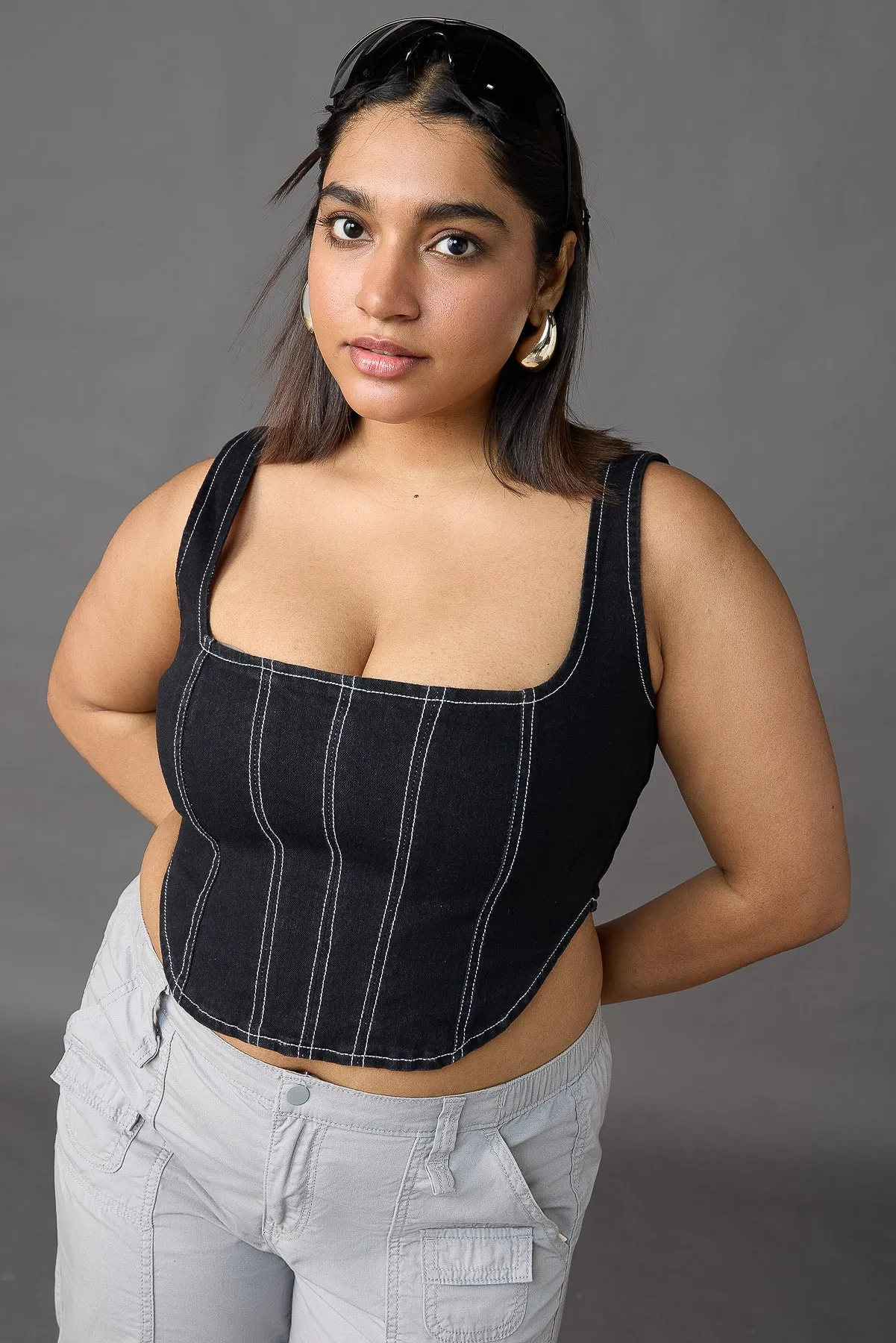 Contrast Stitch Black Denim Curve Bustier