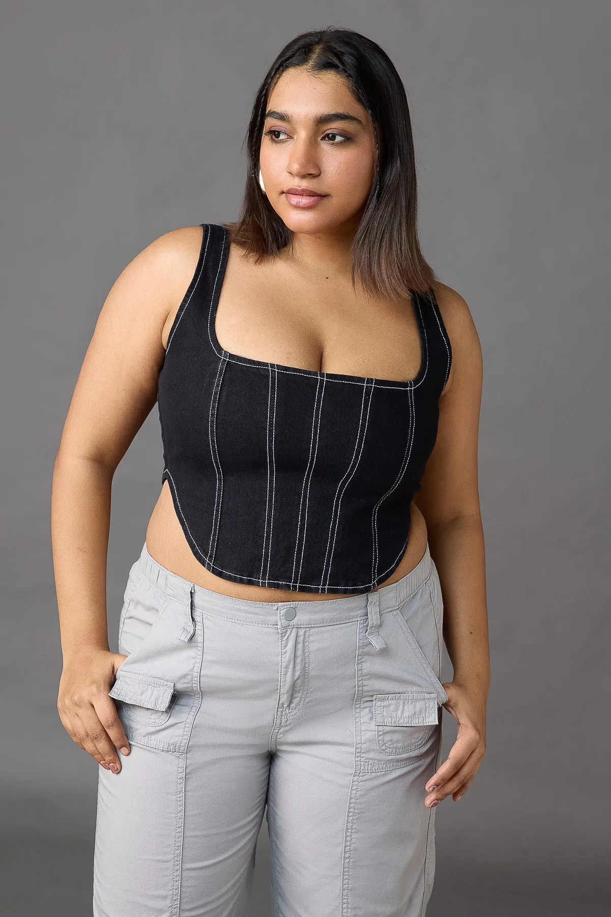 Contrast Stitch Black Denim Curve Bustier