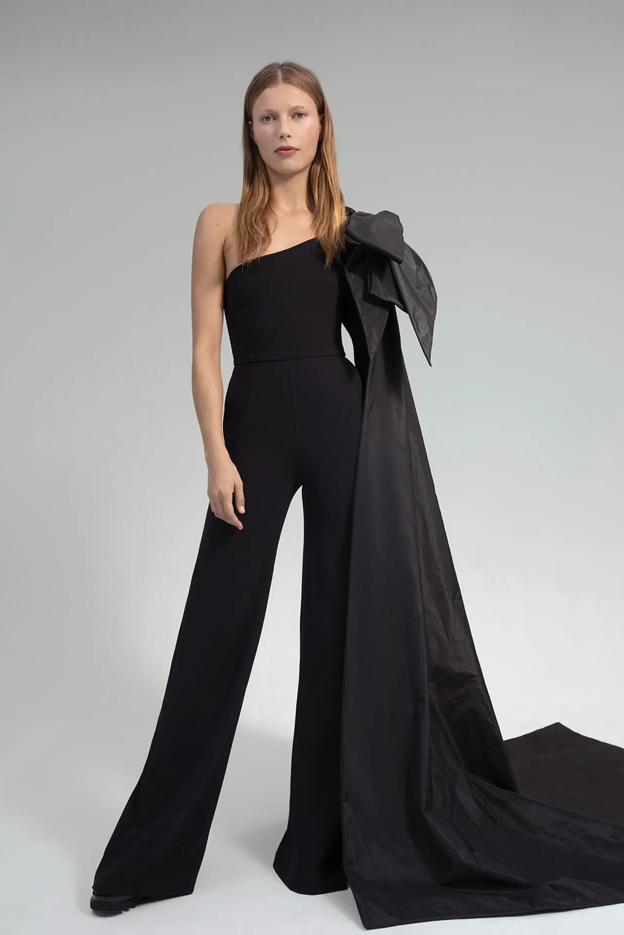 Crepe Jumpsuit with Taffeta Side Cape