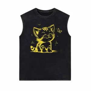 Cute Kitten With Butterfly Vintage Washed Vest Top