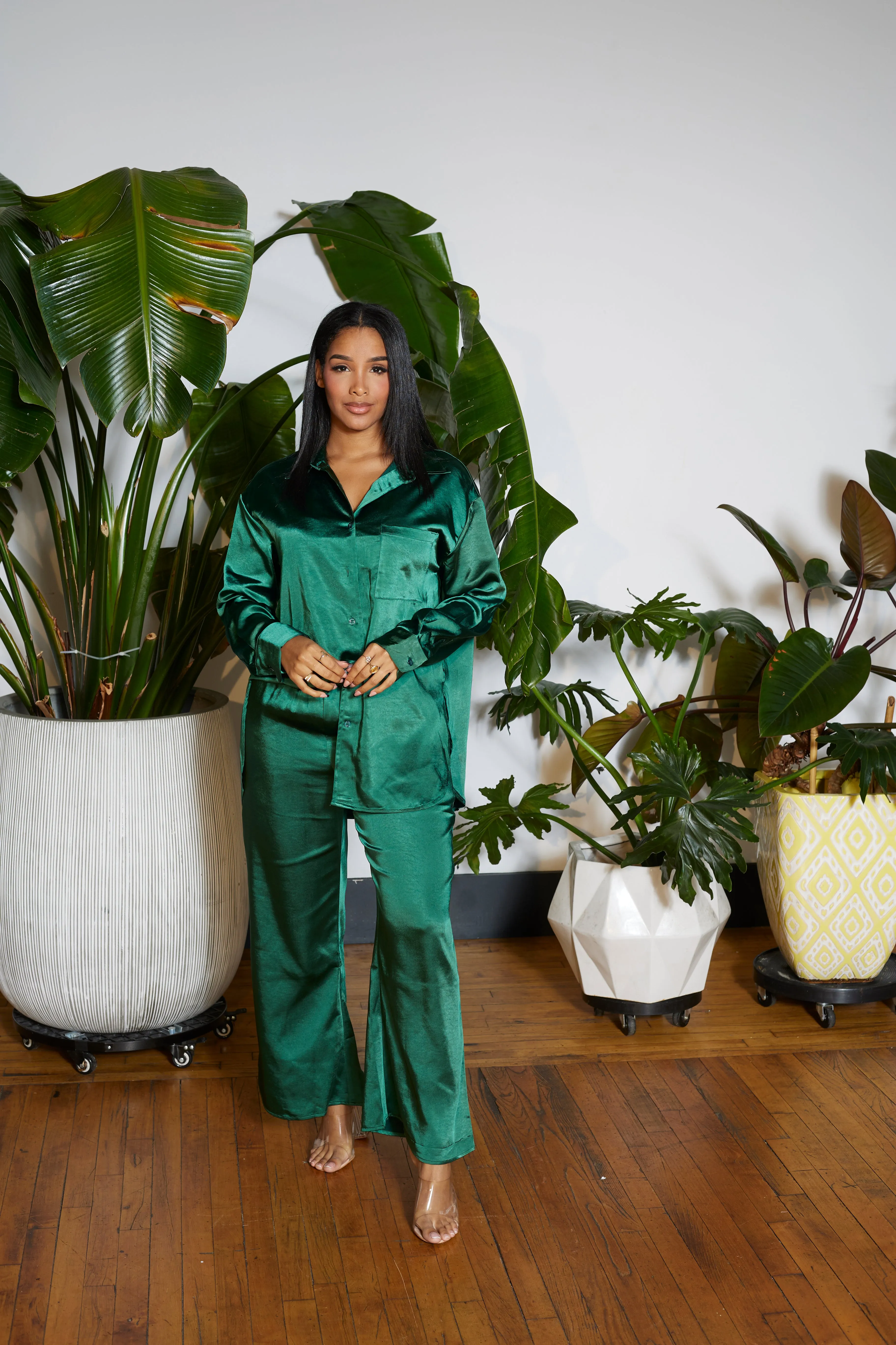 Daily Co-ord Satin Shirt Set- Green