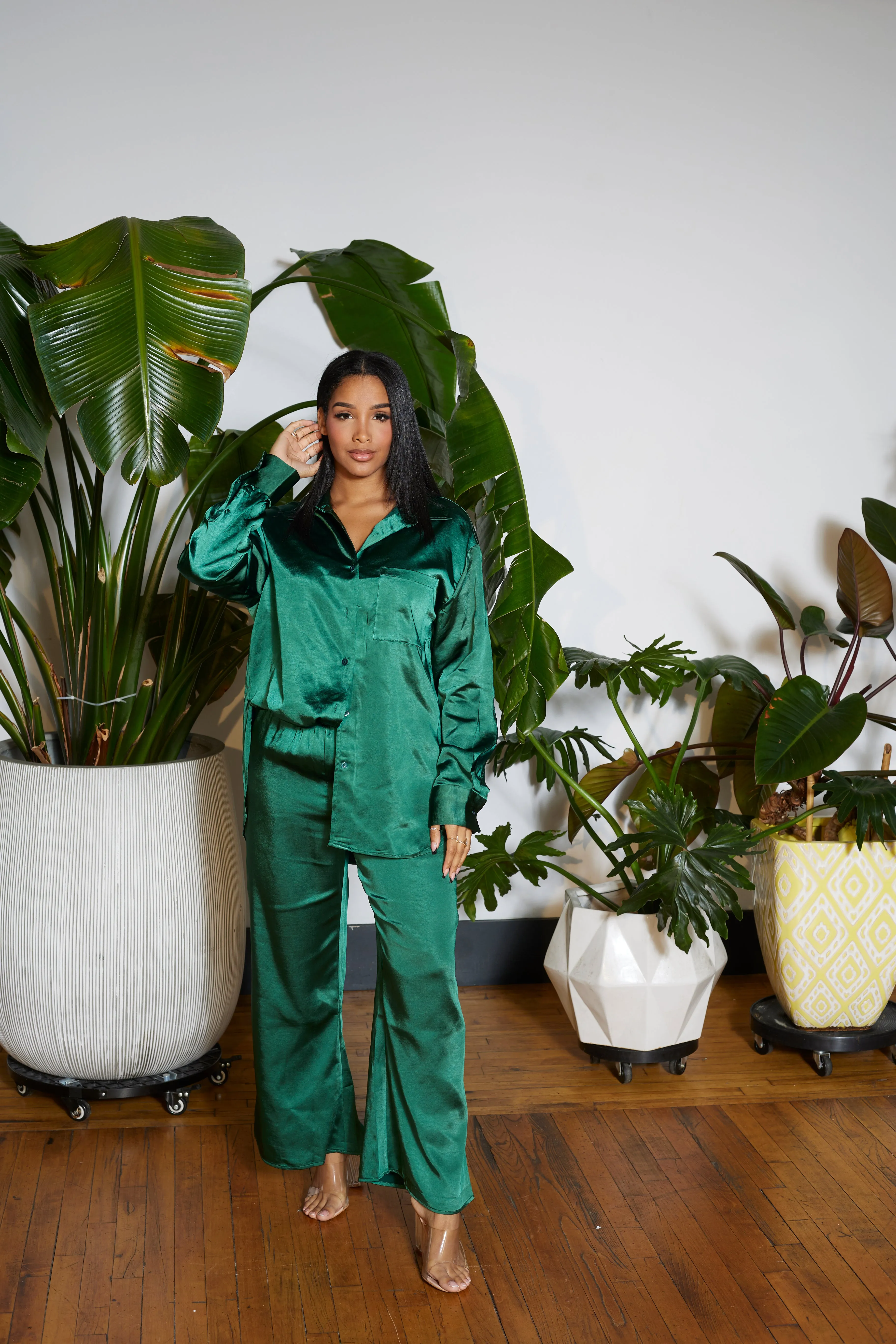 Daily Co-ord Satin Shirt Set- Green