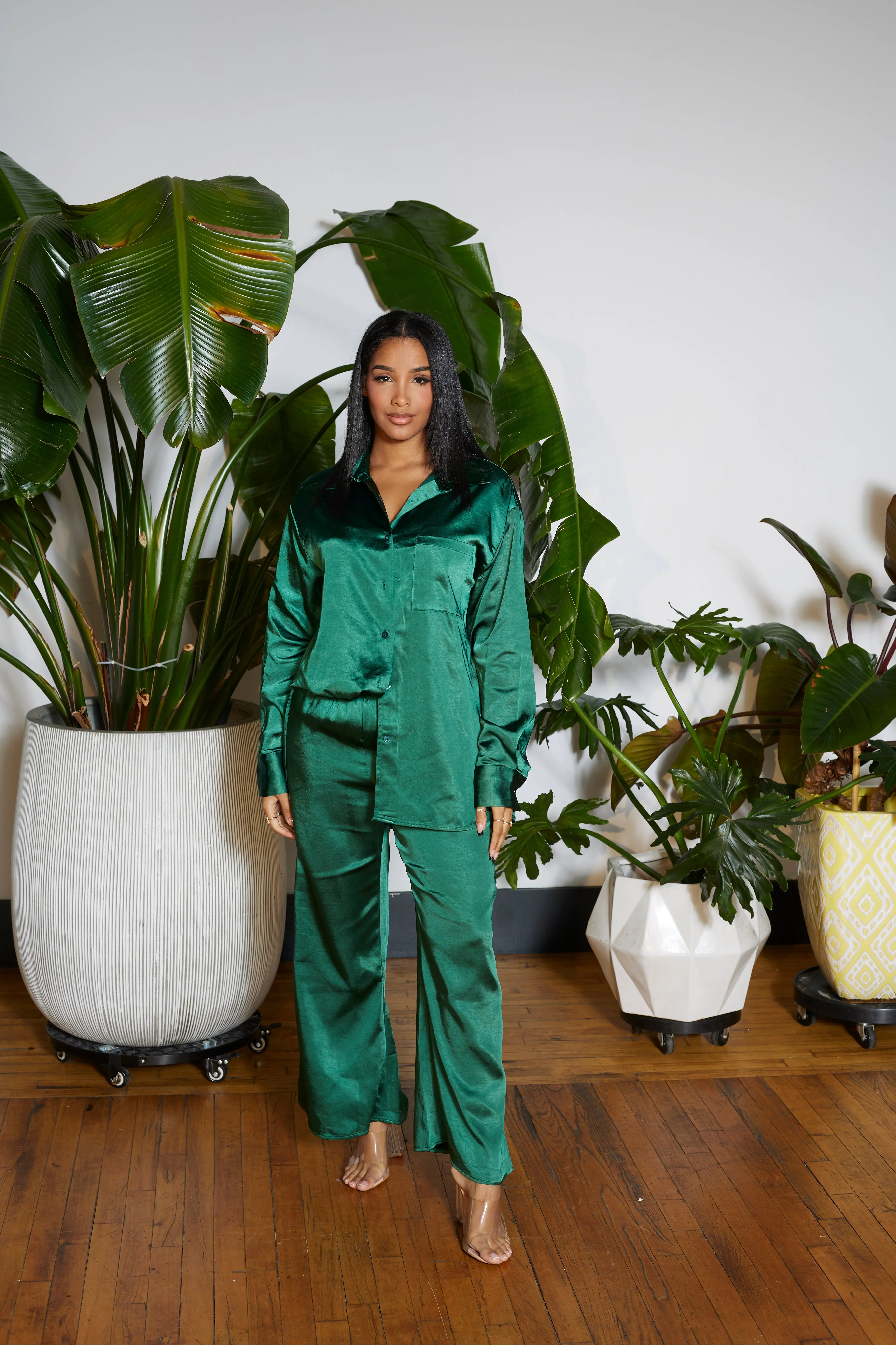 Daily Co-ord Satin Shirt Set- Green