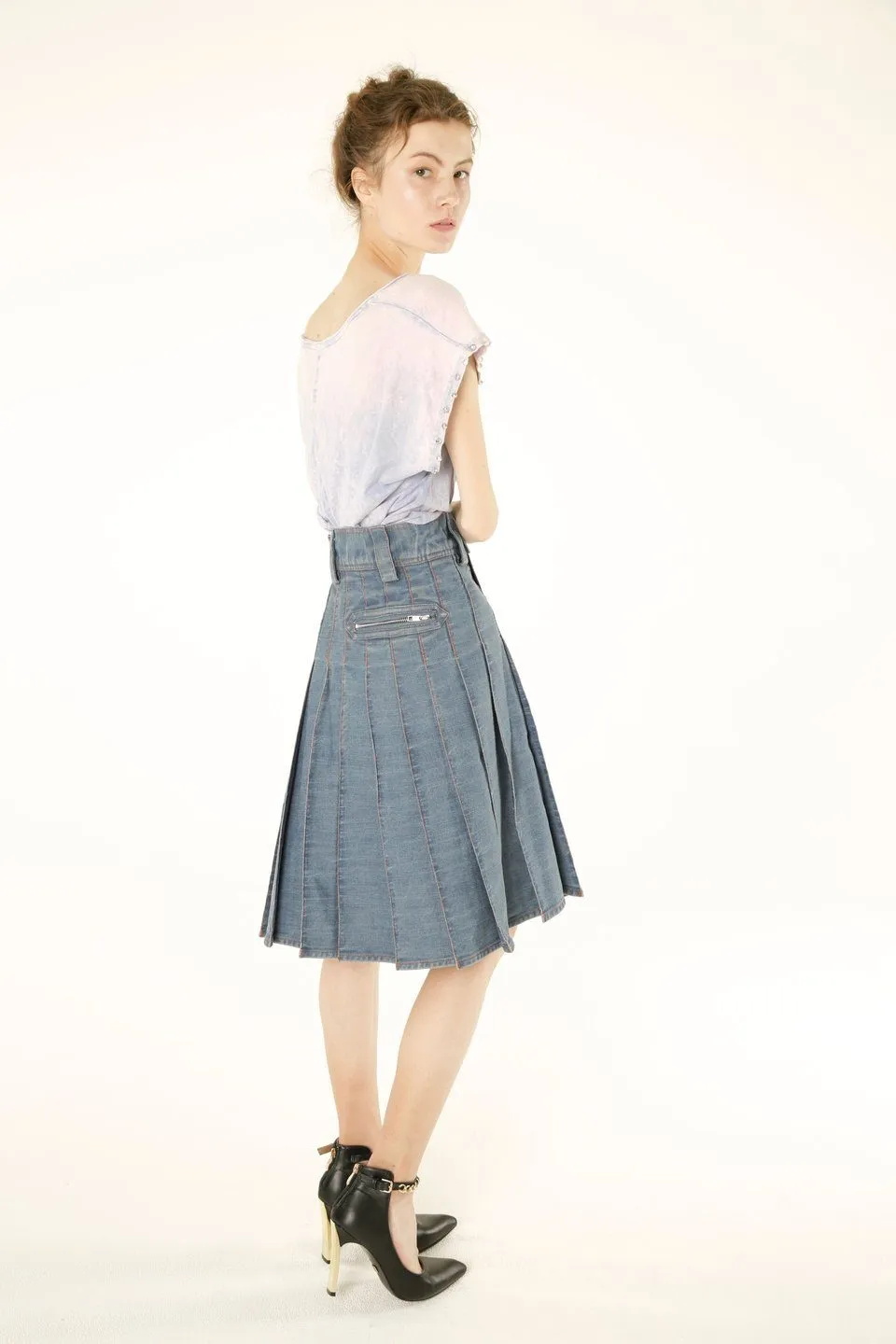 Denim Pleated Midi Skirt