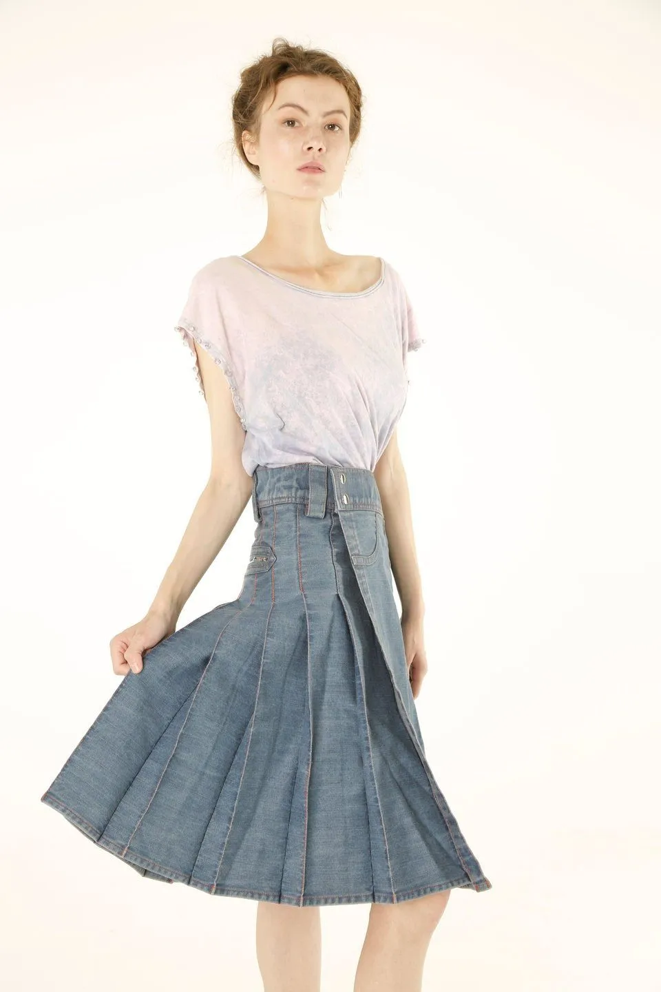 Denim Pleated Midi Skirt