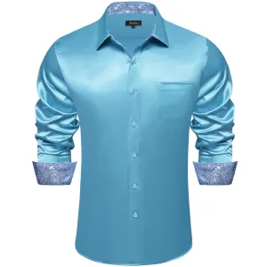 DiBanGu Tuxedo Shirt Moonstone Blue Solid Satin Silk Button Up Long Sleeve Men's Shirt