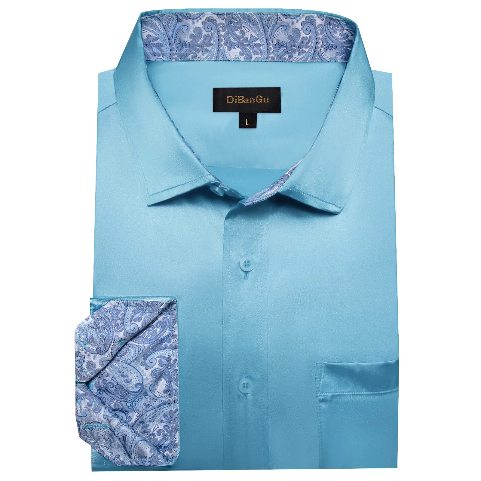 DiBanGu Tuxedo Shirt Moonstone Blue Solid Satin Silk Button Up Long Sleeve Men's Shirt