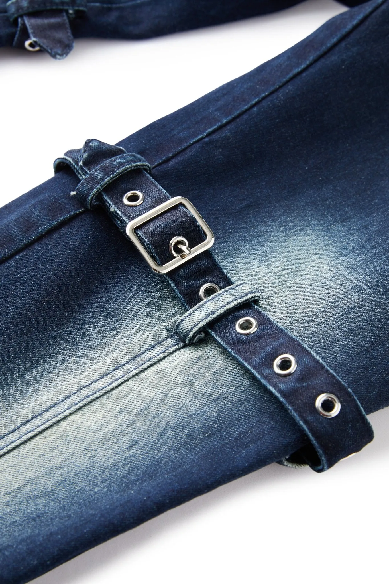 Double-buckle Skinny Acid-wash Denim Flared Pants