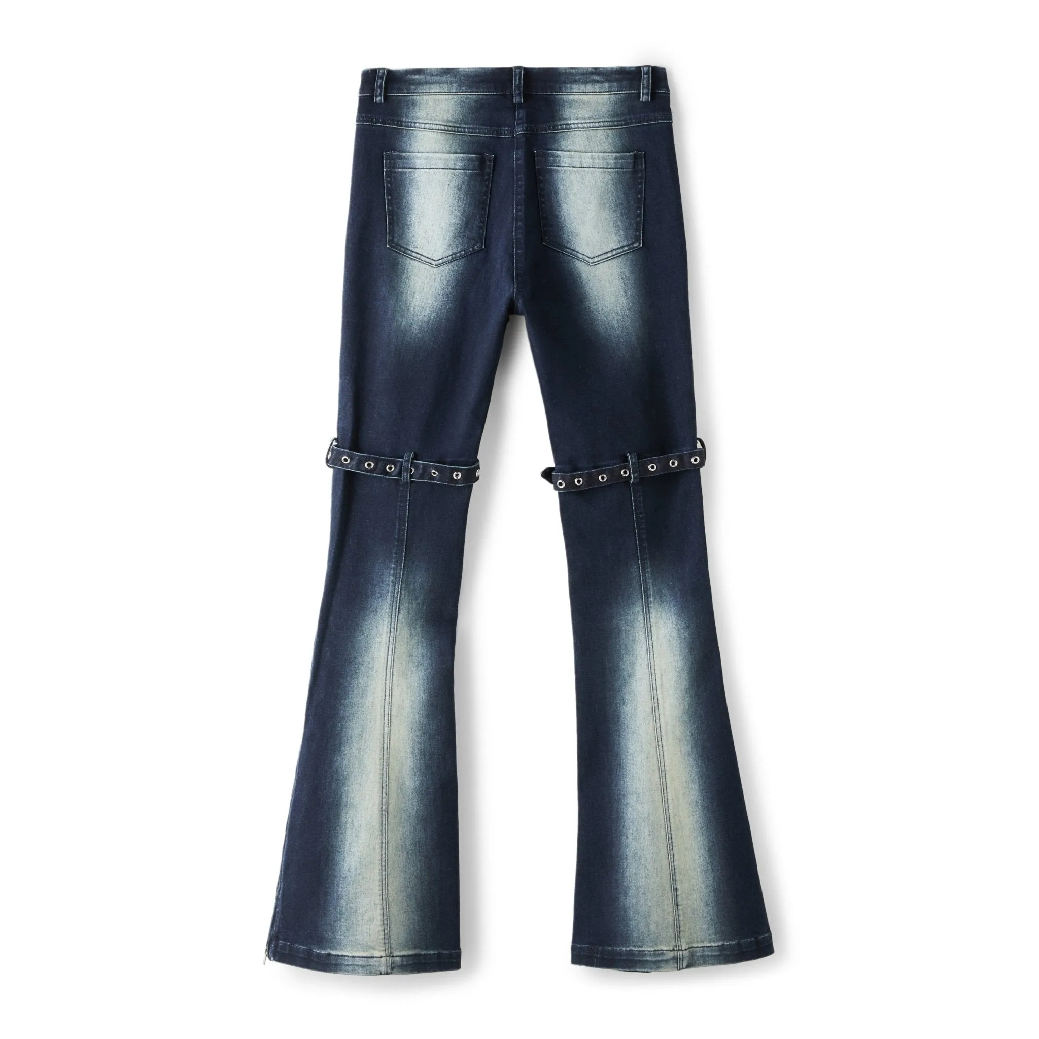 Double-buckle Skinny Acid-wash Denim Flared Pants