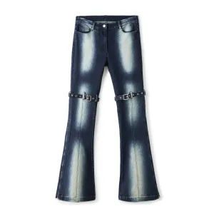 Double-buckle Skinny Acid-wash Denim Flared Pants