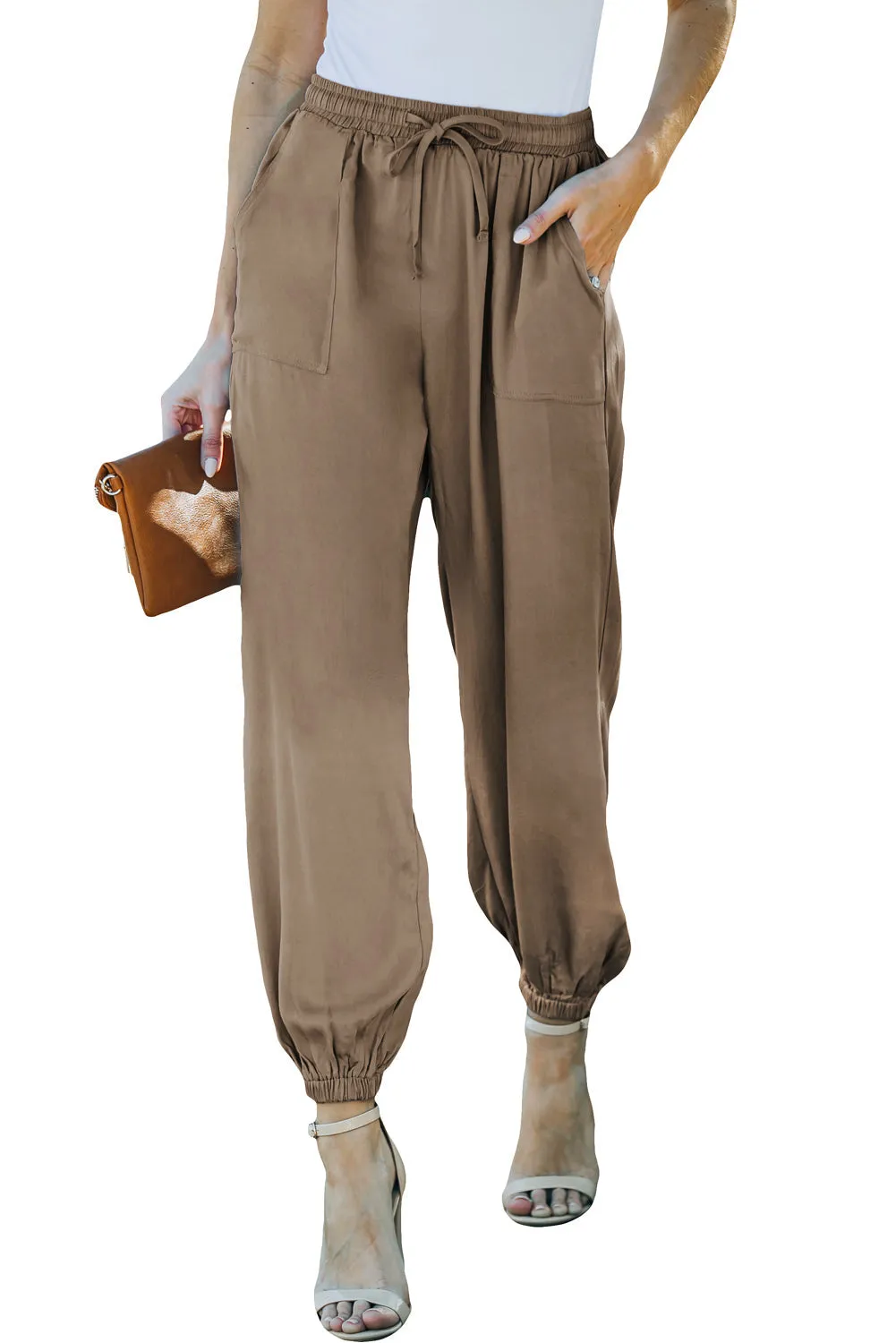 Drawstring Elastic Waist Pull-On Casual Pants With Pockets