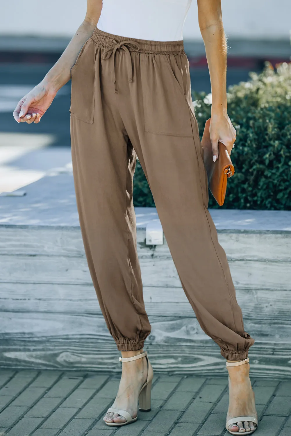 Drawstring Elastic Waist Pull-On Casual Pants With Pockets