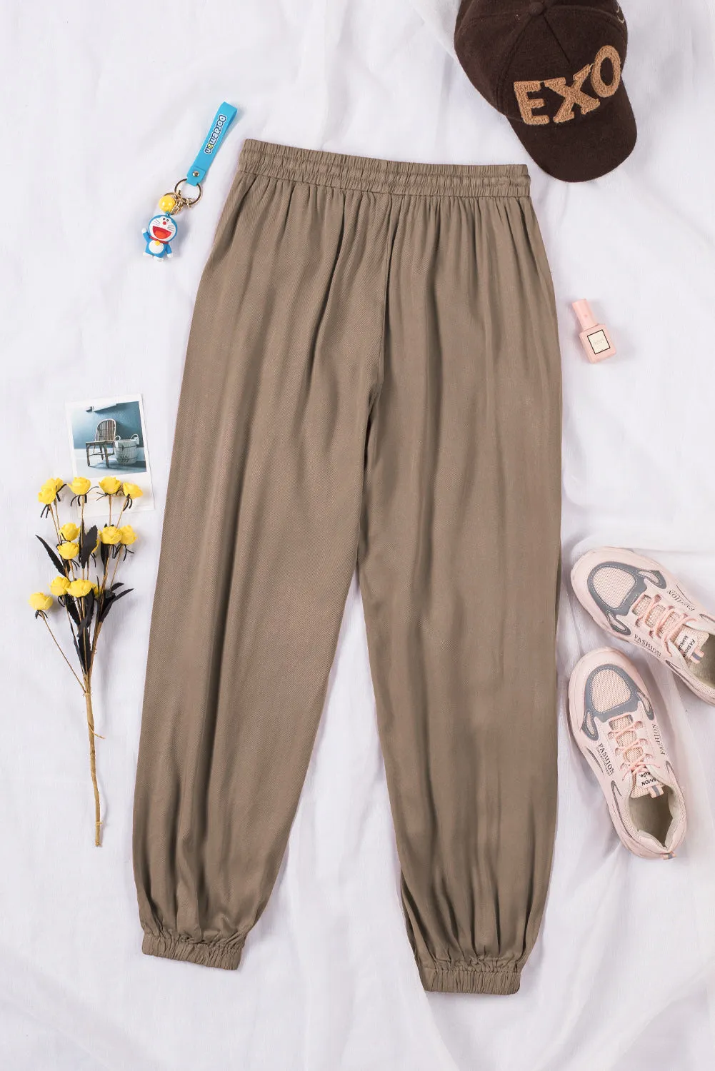 Drawstring Elastic Waist Pull-On Casual Pants With Pockets