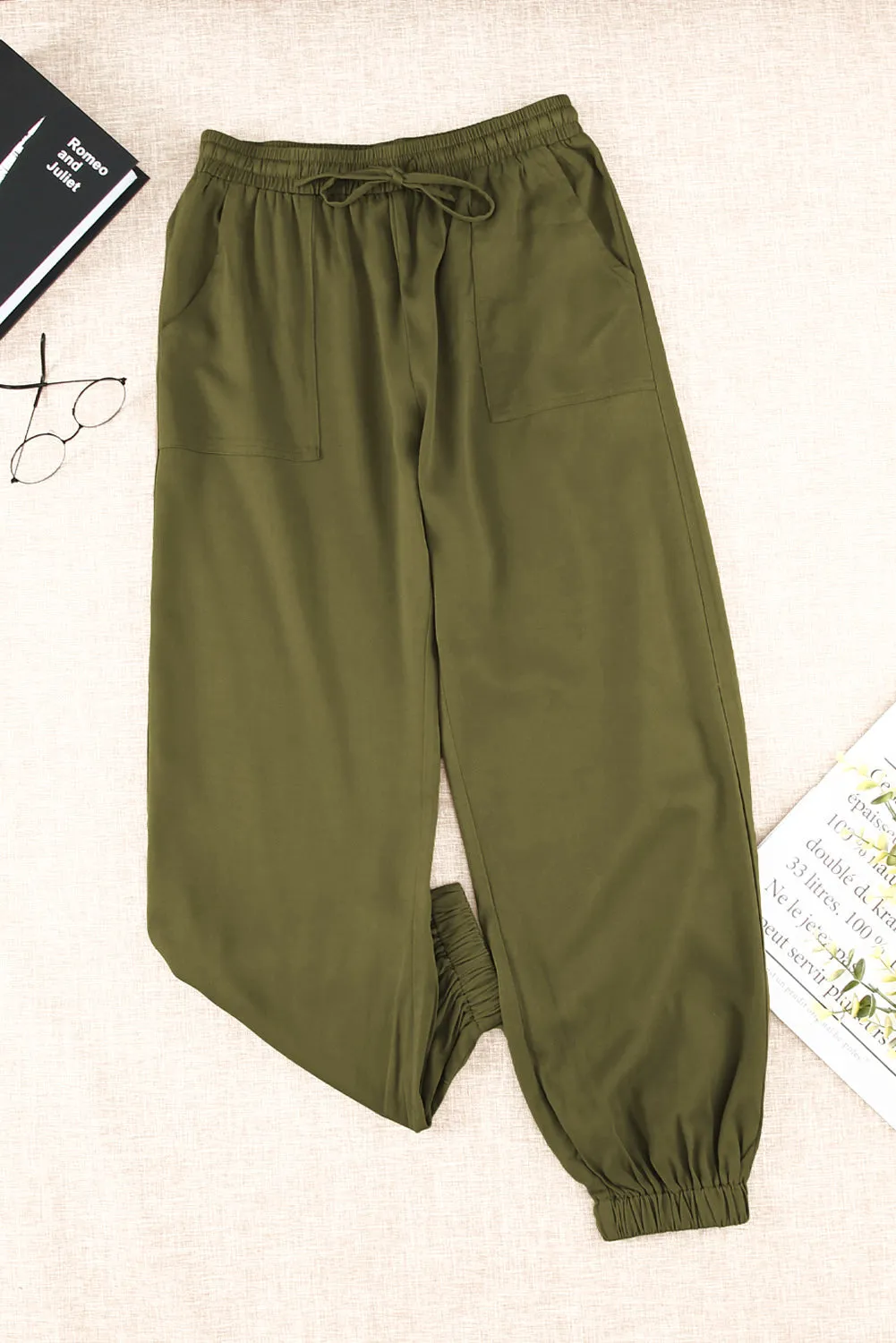 Drawstring Elastic Waist Pull-On Casual Pants With Pockets