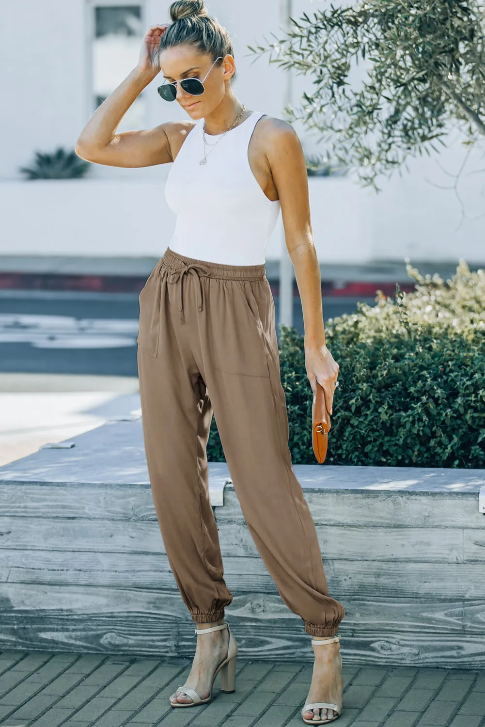 Drawstring Elastic Waist Pull-On Casual Pants With Pockets