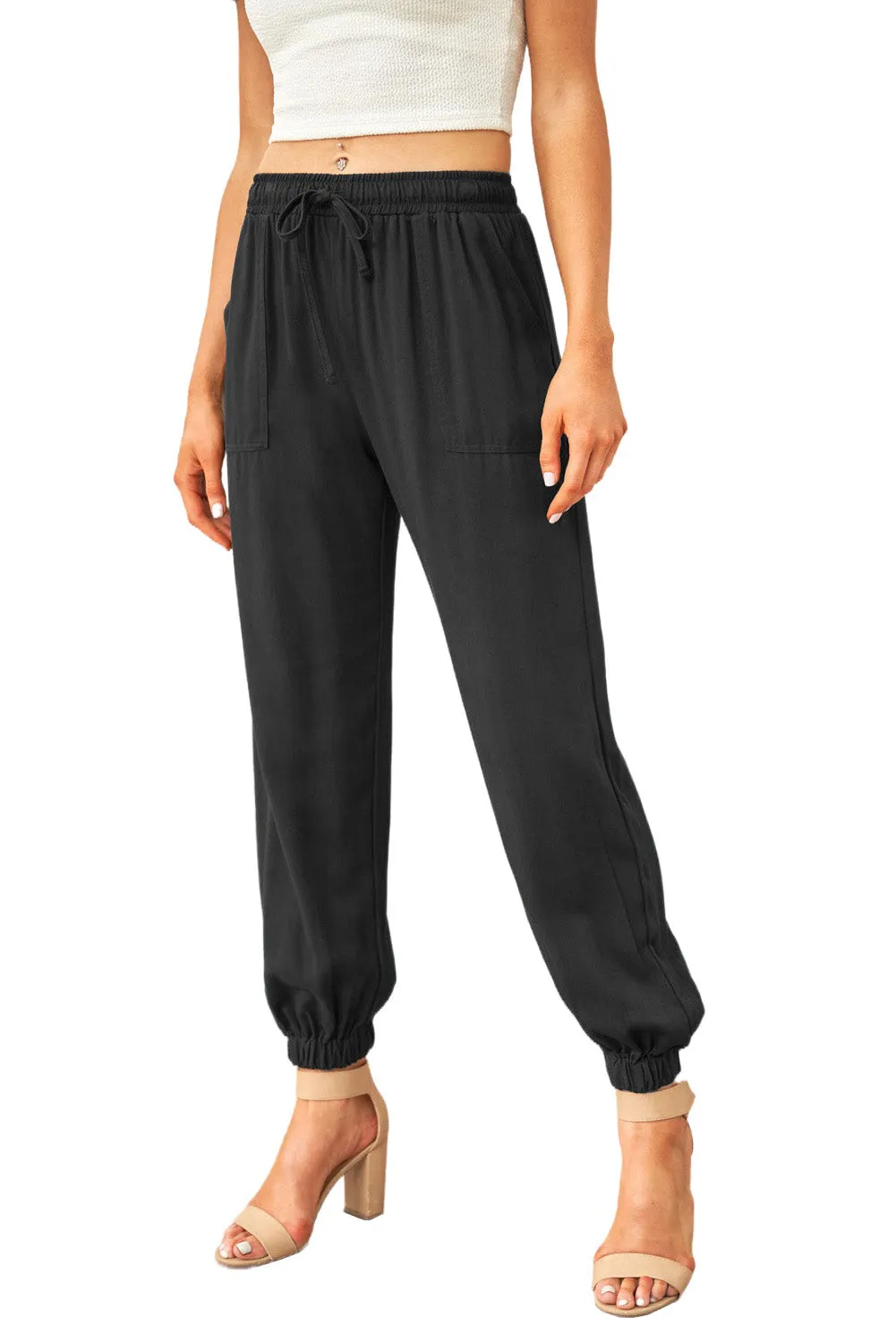 Drawstring Elastic Waist Pull-On Casual Pants With Pockets