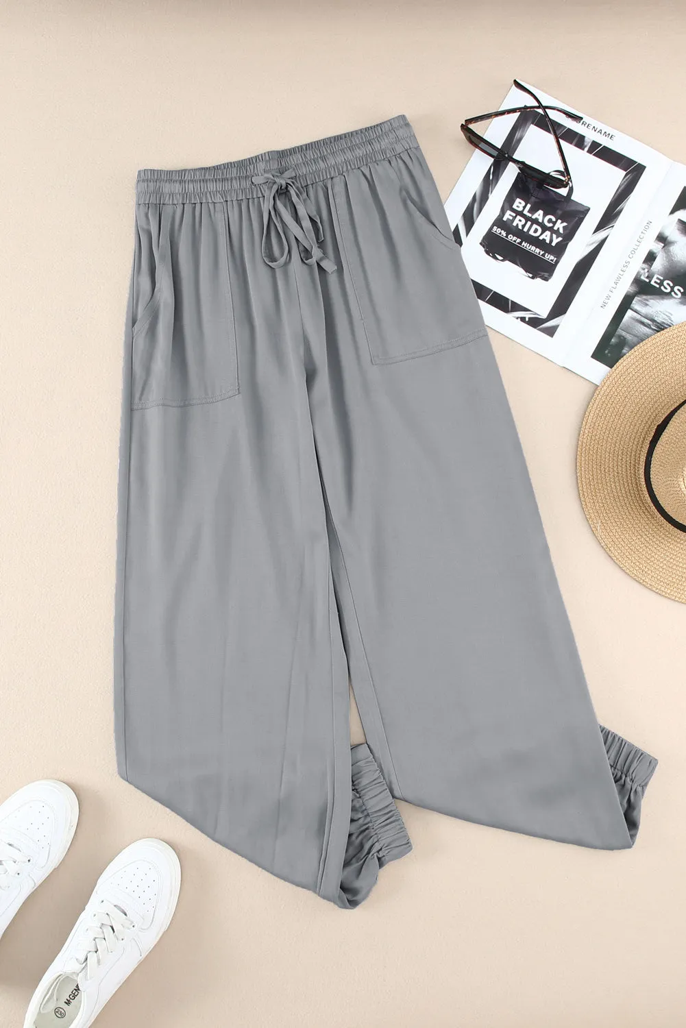 Drawstring Elastic Waist Pull-On Casual Pants With Pockets