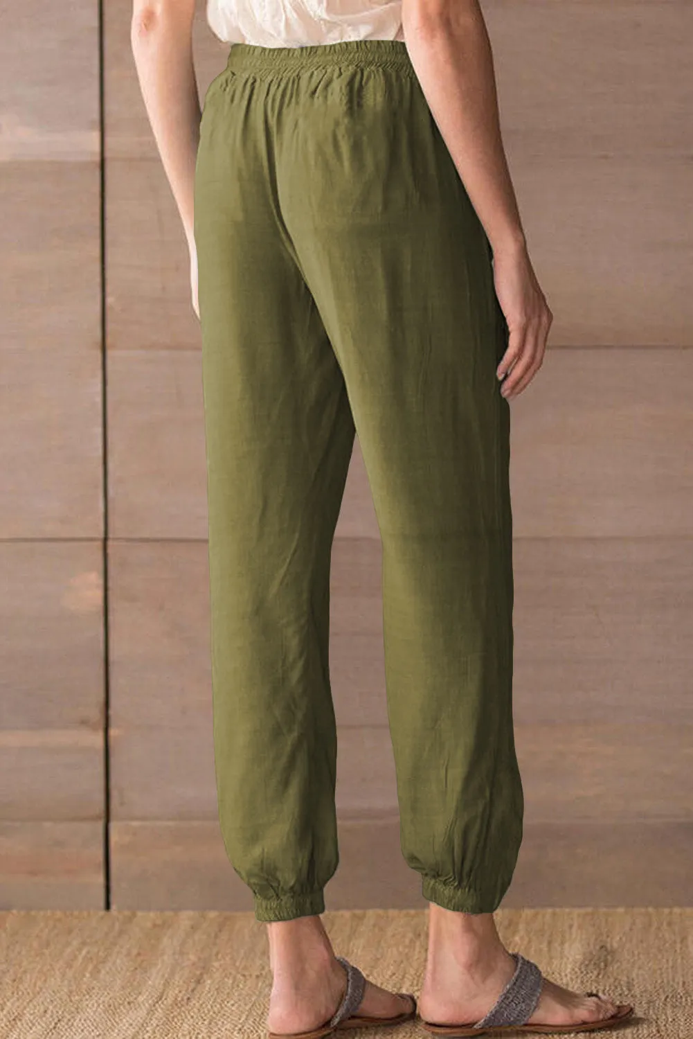 Drawstring Elastic Waist Pull-On Casual Pants With Pockets