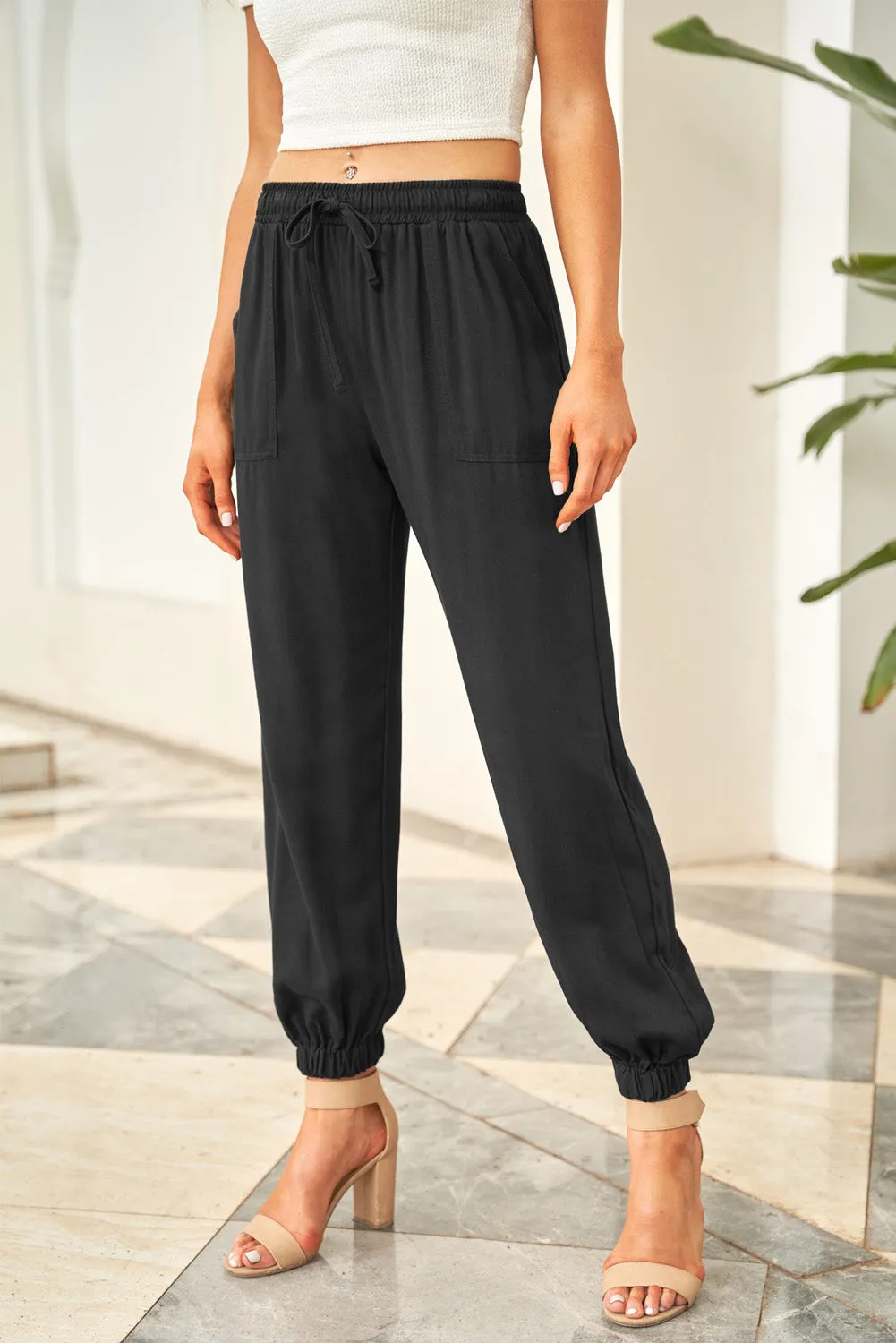 Drawstring Elastic Waist Pull-On Casual Pants With Pockets