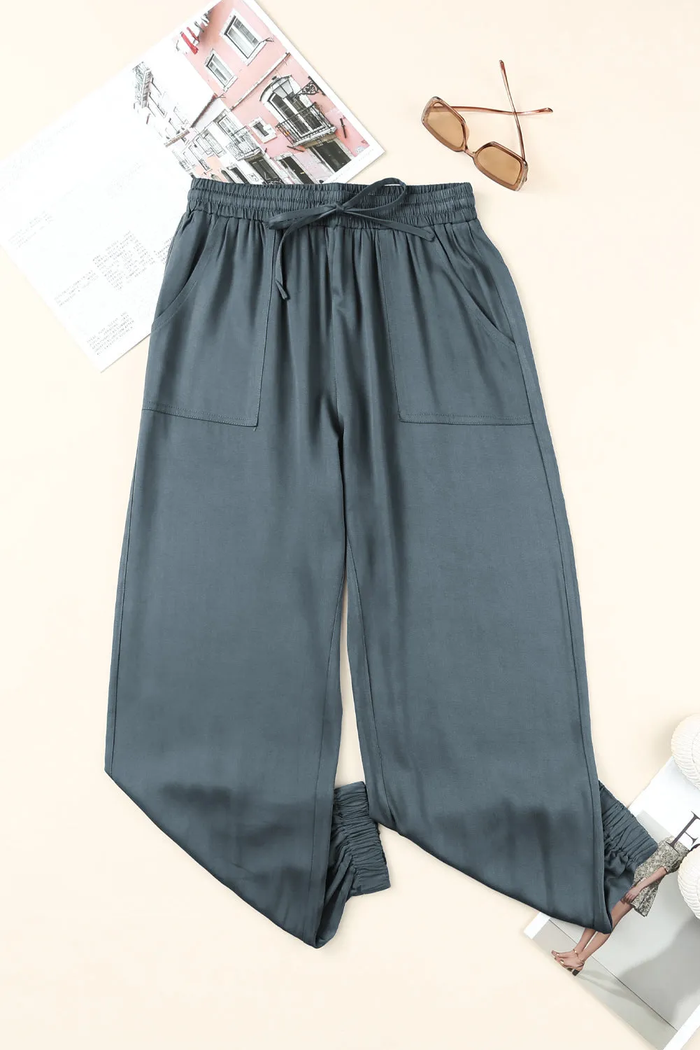 Drawstring Elastic Waist Pull-On Casual Pants With Pockets