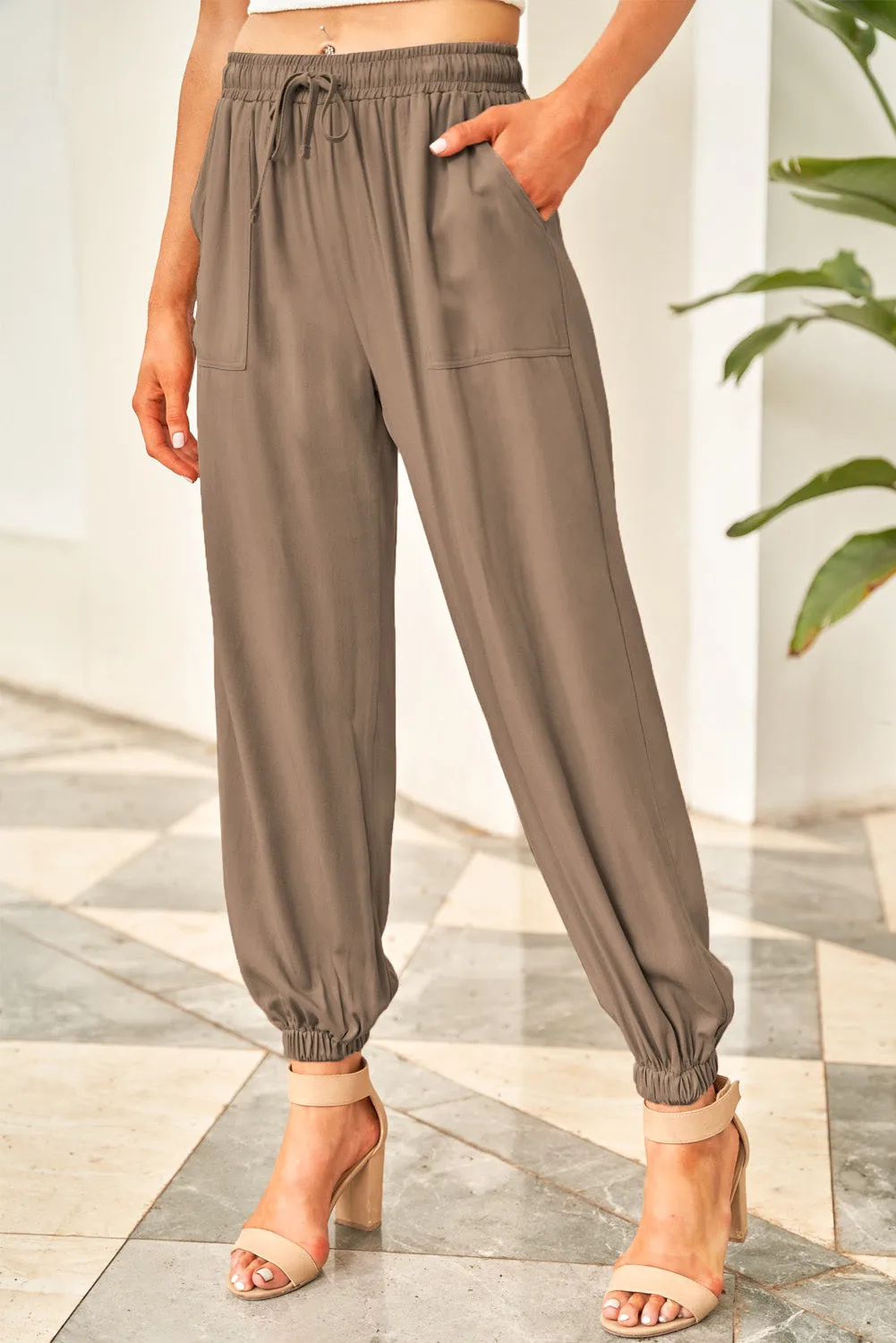 Drawstring Elastic Waist Pull-On Casual Pants With Pockets