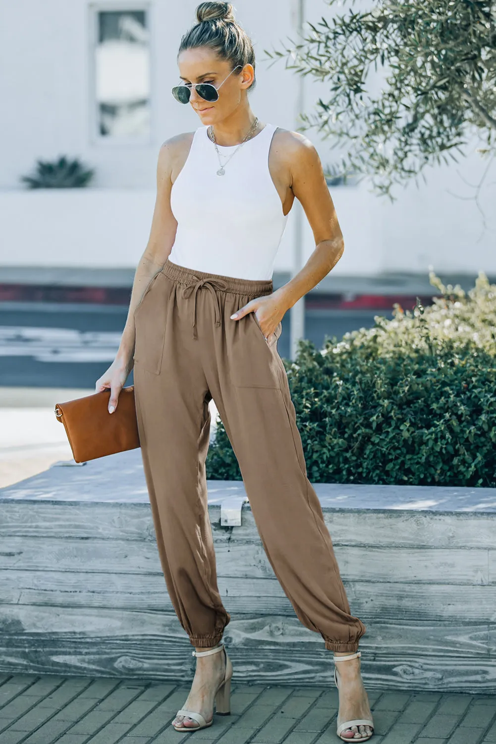 Drawstring Elastic Waist Pull-On Casual Pants With Pockets