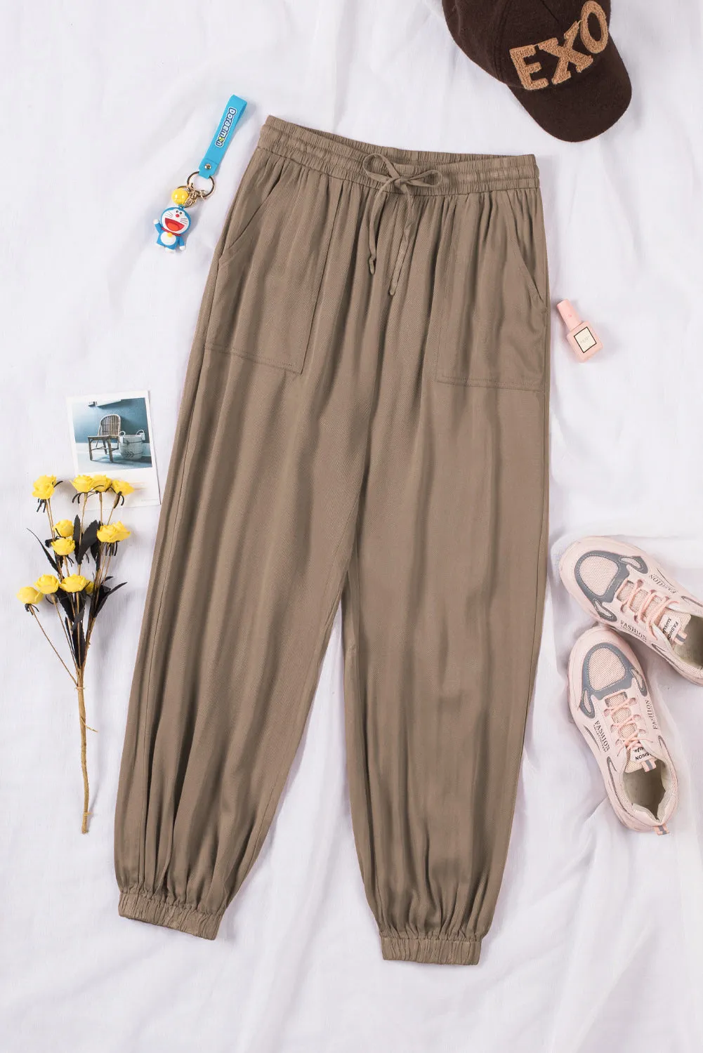 Drawstring Elastic Waist Pull-On Casual Pants With Pockets