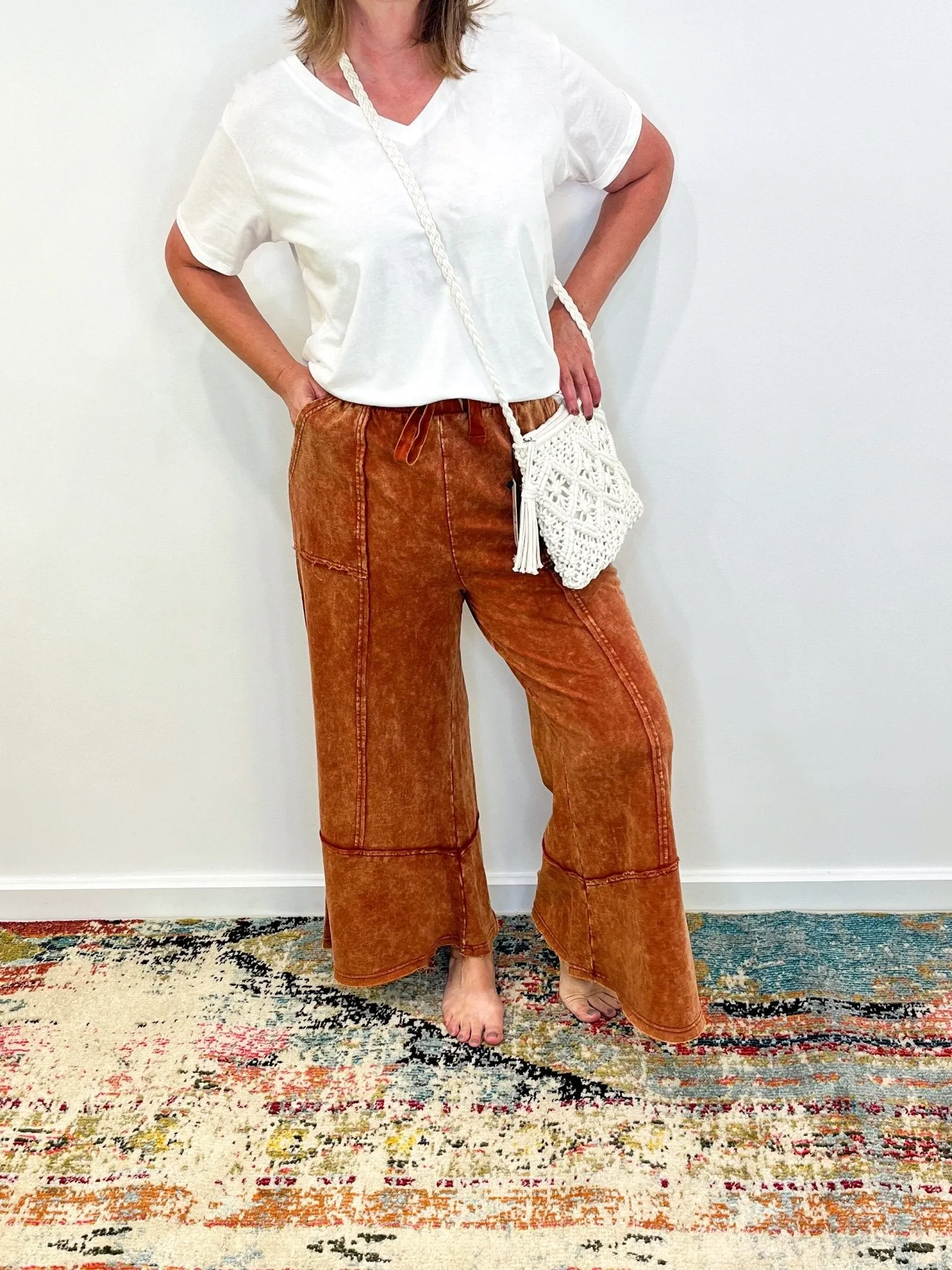 Easy Days Cropped Mineral Wash Wide Leg Flared Lounge Pants