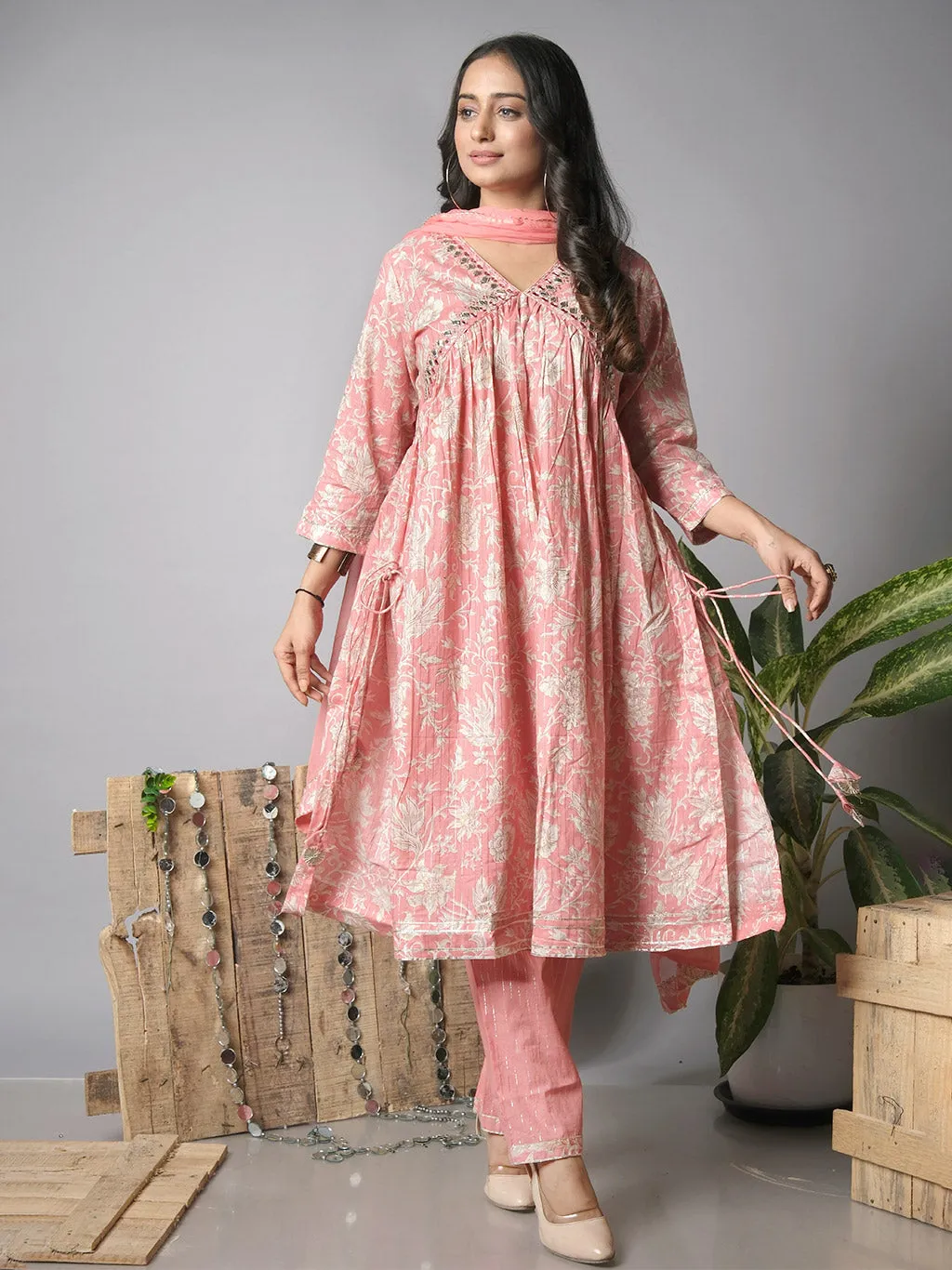 Ekisha's women printed pink floral designer cotton kurta and pant set with dupatta