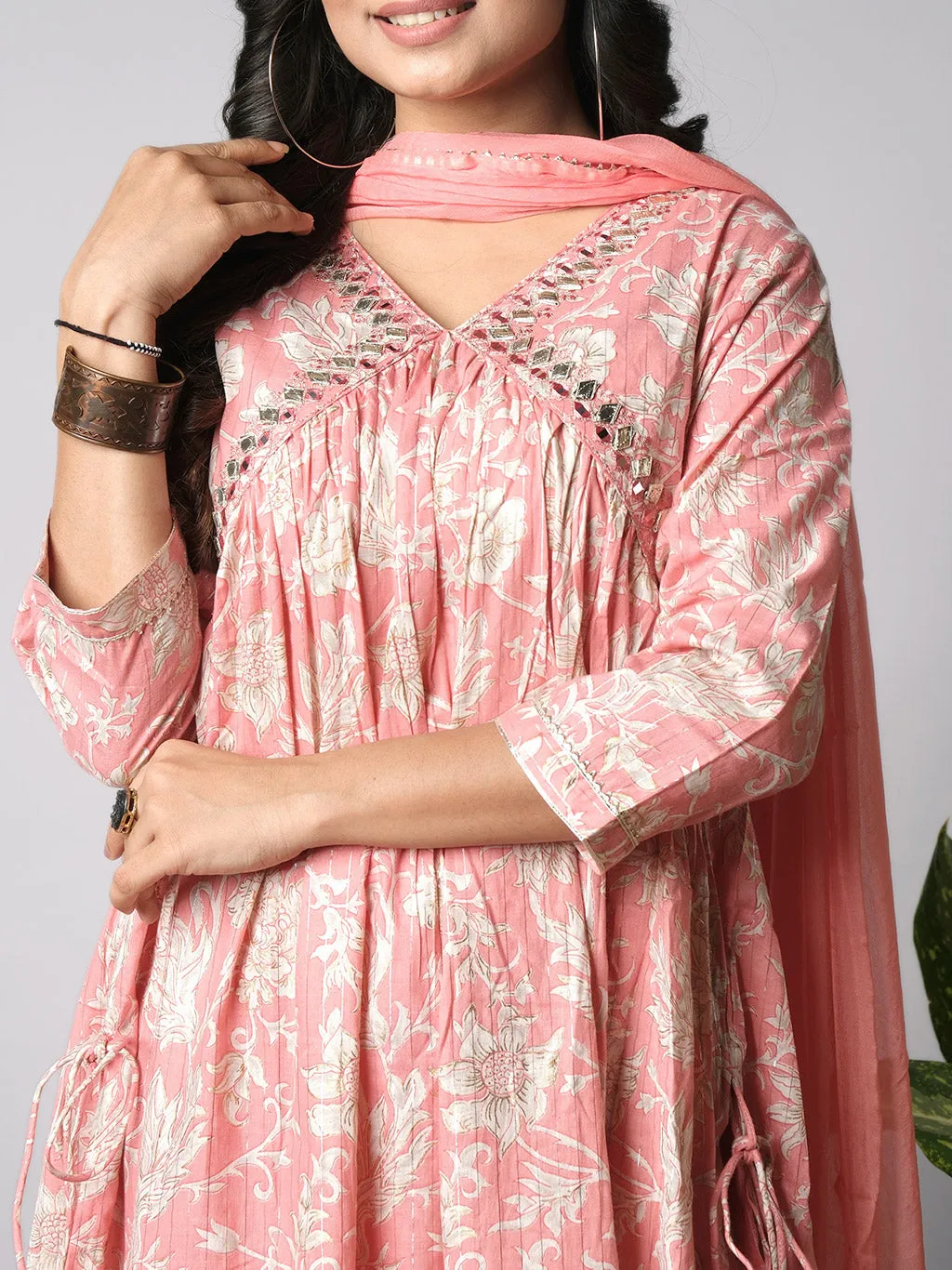 Ekisha's women printed pink floral designer cotton kurta and pant set with dupatta