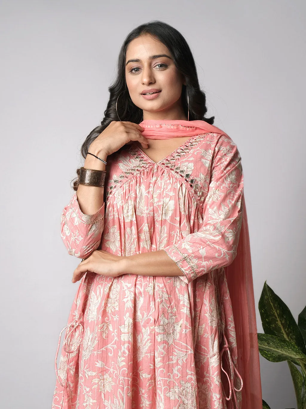 Ekisha's women printed pink floral designer cotton kurta and pant set with dupatta