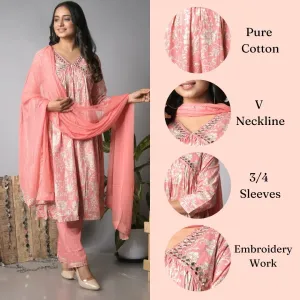 Ekisha's women printed pink floral designer cotton kurta and pant set with dupatta